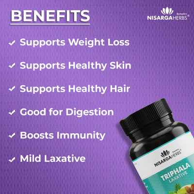 ayurvedic triphala tablet has following benefits: Promotes a healthy gut, Boosts immunity, Helps control diabetes, Nourishes skin, Promotes healthy hair, Supports weight loss, Promotes eye health, Helps lower cholesterol.