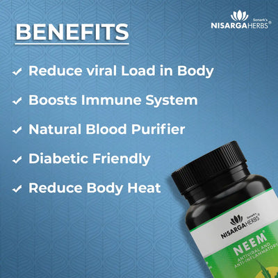 benefits of neem ayurvedic capsules to improve immunity, reduce viral load, reduce body heat and act as a natural blood purifier for great glowing skin