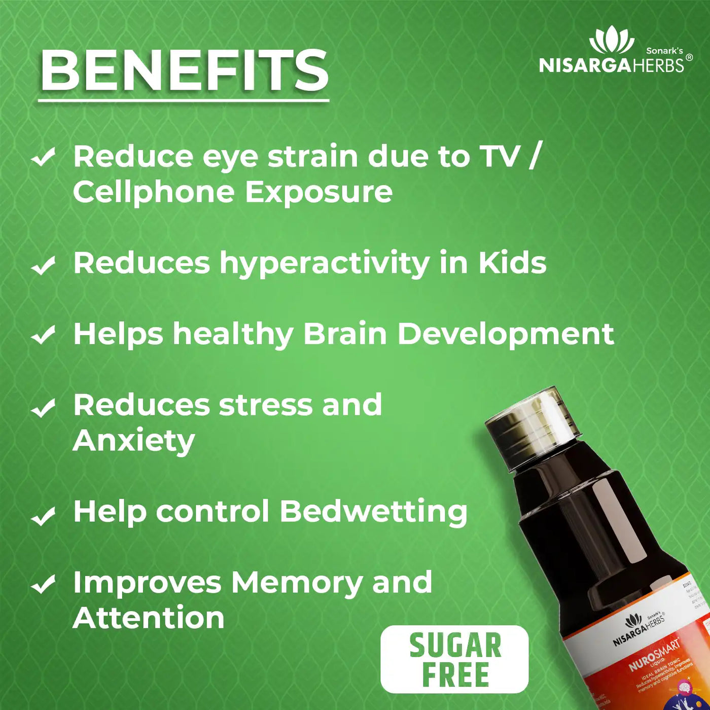 benefits of nurosmart syrup in small children including reducing restlessness, increase focus, attention and  concentration, helps brain development, improve IQ and reduce ADD and ADHD symptoms. reduce or eliminate bedwetting in small children or kids. 