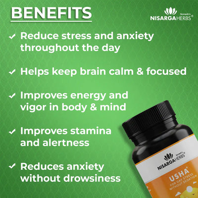 benefits of usha ayurvedic capsule for reduction of stress and anxiety during the day. helps keep brain calm and focused, improves energy and mental alertness, reduces anxiety without drowsiness