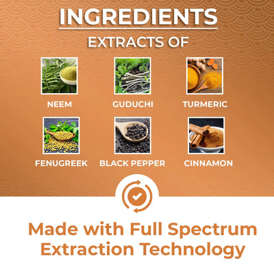 made with powerful extracts of neem, guduchi, turmeric, fenugreek, bblackpepper and cinnamon.  