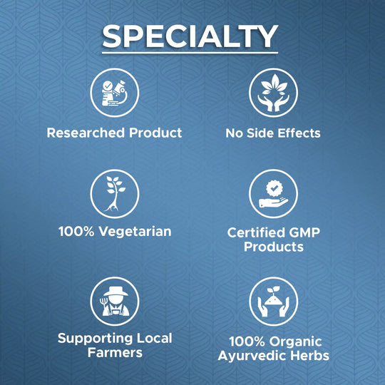 clinically researched ayurvedic product with no side effects, high absorption and made in certified GMP facility with organic herbs supporting local farmers.