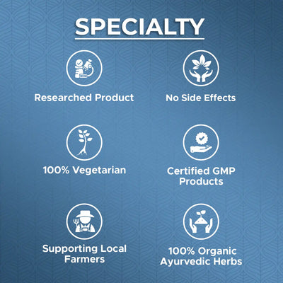 clinically researched ayurvedic product with no side effects, high absorption and made in certified GMP facility with organic herbs supporting local farmers.