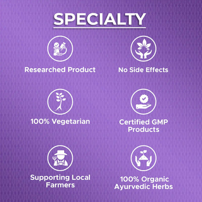 clinically researched ayurvedic product with no side effects, high absorption and made in certified GMP facility with organic herbs supporting local farmers.
