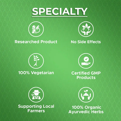 clinically researched ayurvedic product with no side effects, high absorption and made in certified GMP facility with organic herbs supporting local farmers.