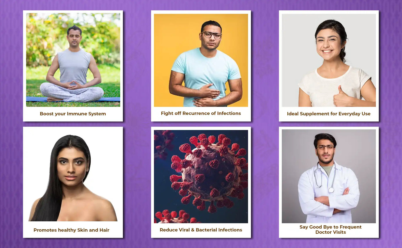 collage of 6 photos showcasing benefits of tulsi with daily use