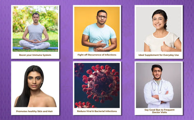 collage of 6 photos showcasing benefits of tulsi with daily use