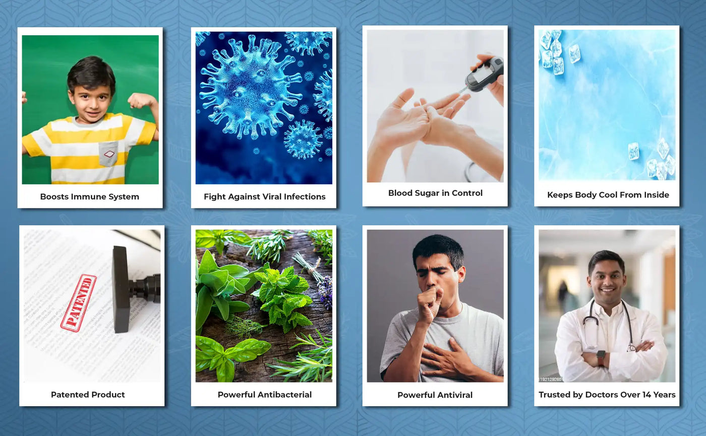 collage of 8 photos showing benefits of neem capsule on immunity and health with daily use