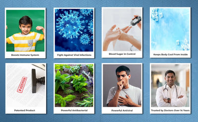 collage of 8 photos showing benefits of neem capsule on immunity and health with daily use