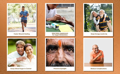 collage of 6 photos showing benefits of Regu-g in diabetic patients. 