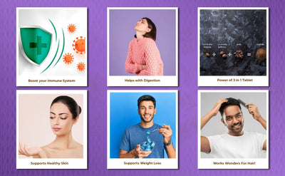 collage of 6 photos showcasing benefits of triphala tablets with daily use