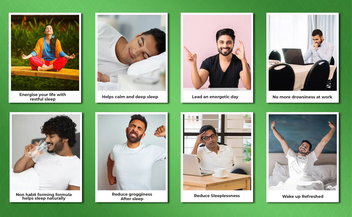 collage of 8 photos showcasing benefits of nisha capsules with daily use in rest and sleep