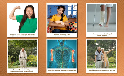 collage of 6 photos showing benefits of boneade on bone health and fracture recovery. 