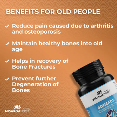 helps in pain reduction of joints in old people, reduce osteoporosis symptoms and occurence, helps in faster fracture recovery. 