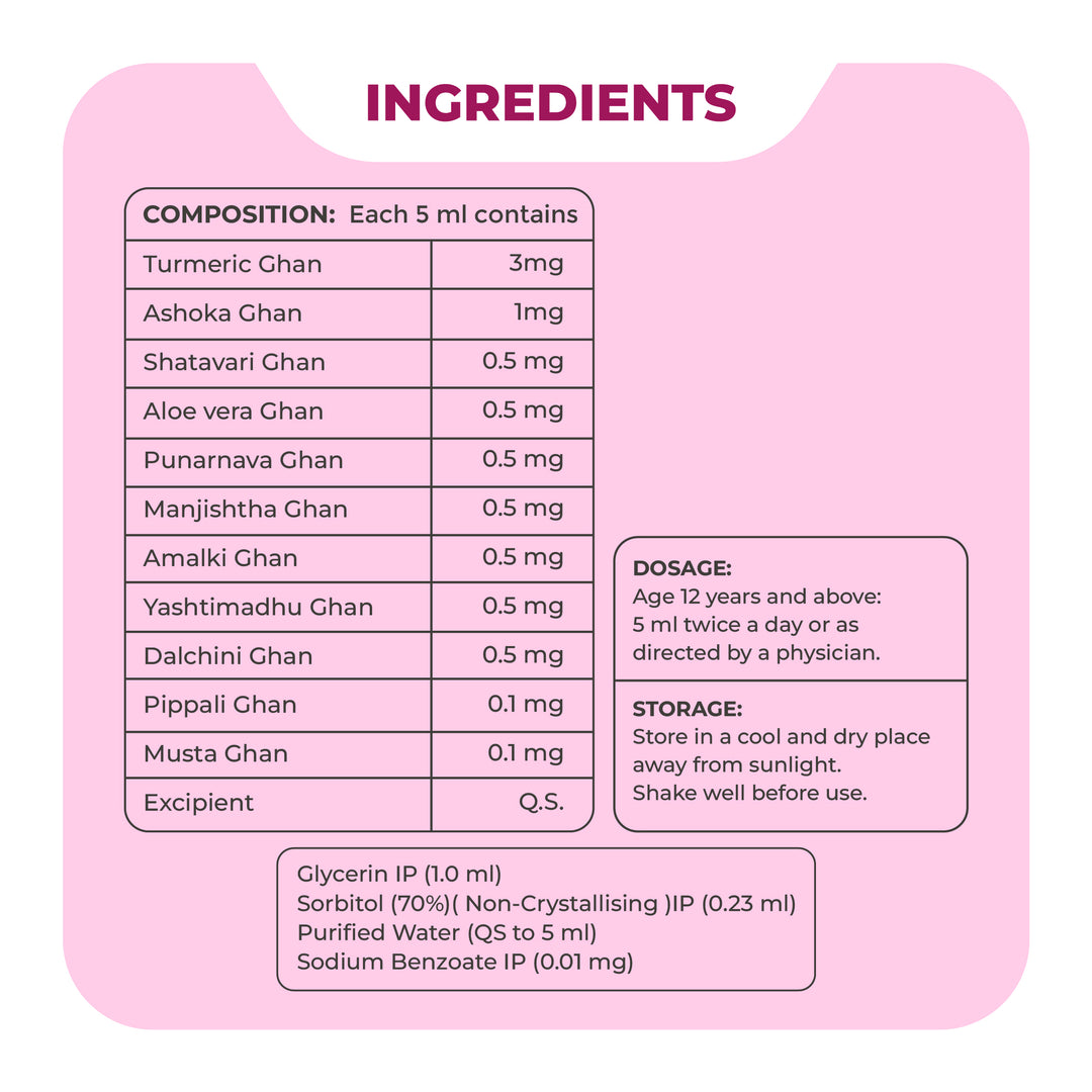 FemEase Syrup - Ayurvedic remedy for menstrual relief, hormonal balance and easing PMS symptoms