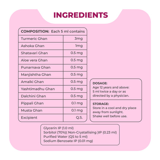 FemEase Syrup - Ayurvedic remedy for menstrual relief, hormonal balance and easing PMS symptoms