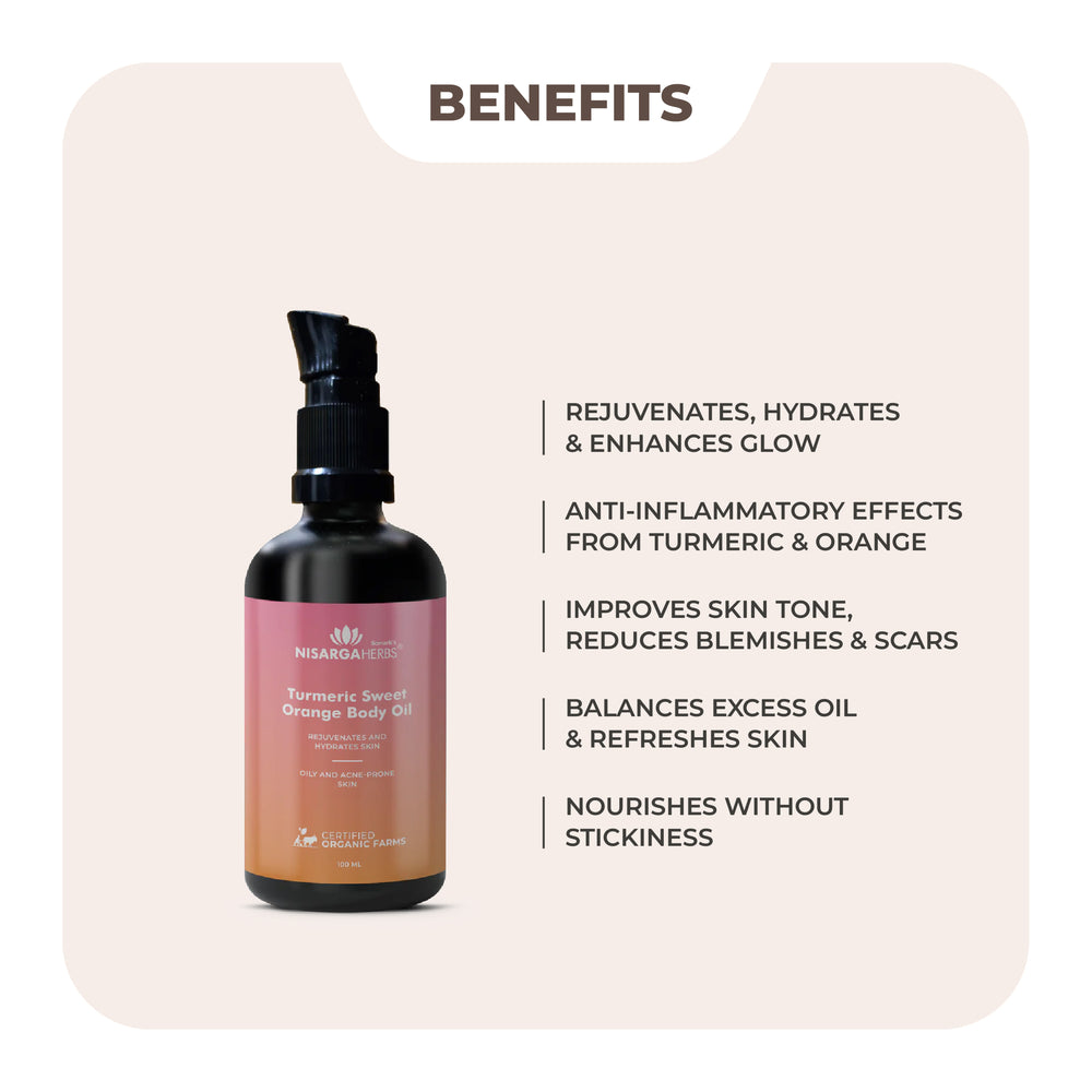 Nisarga Herbs Turmeric Sweet Orange Body Oil - Rejuvenative, non-sticky formula to help skin look its best