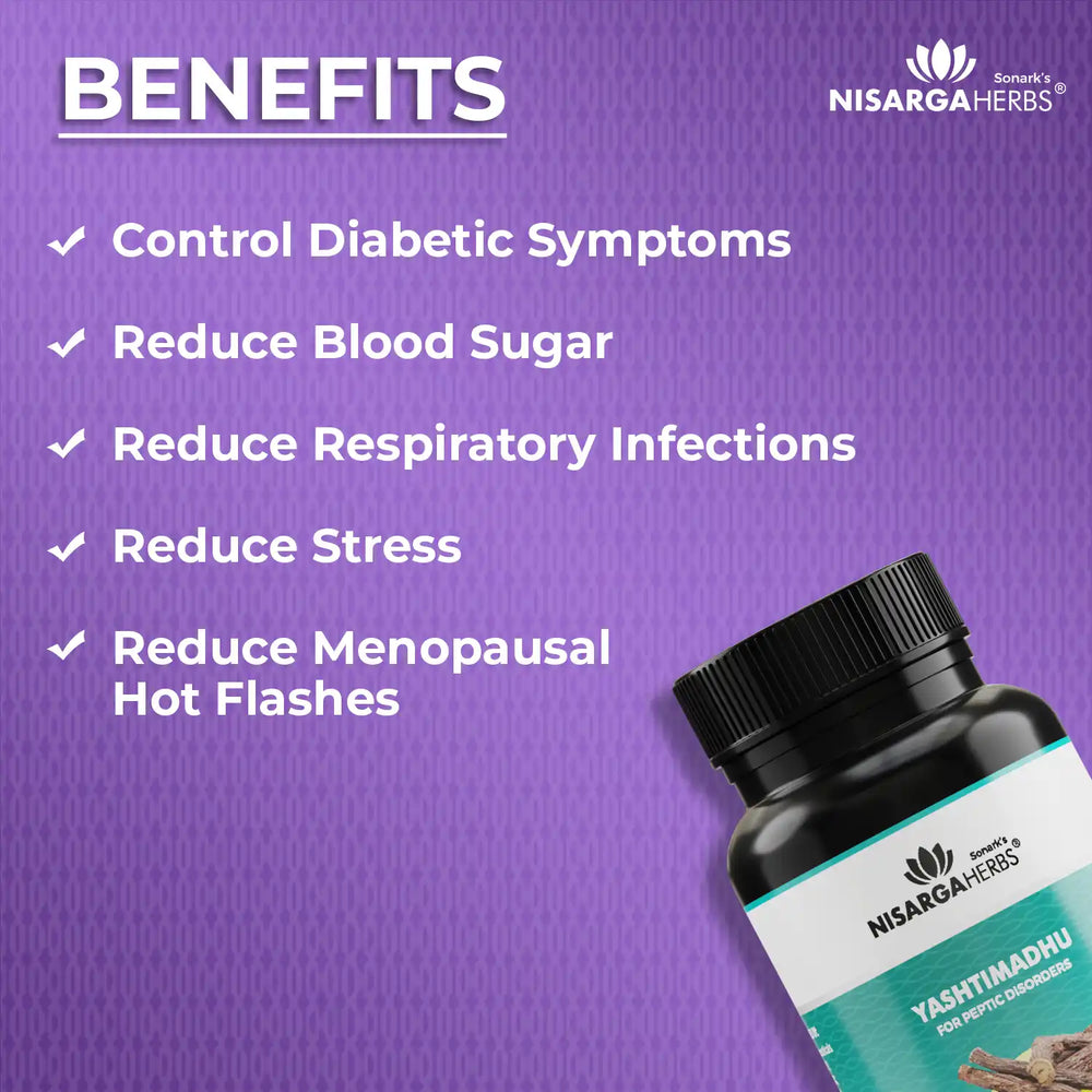 Yashtimadhu also known as licorice provides varied benefits like anti-inflammatory properties, Promotes respiratory health, Prevent oral infections, Improves memory power, Supports stress relief, Controls diabetic symptoms, Reduces menopausal hot flashes, Promotes healthy skin.