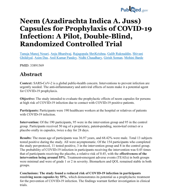 neem capsules clinically proven to reduce risk of covid 19 infections in clinical trial published by nisarga herbs in USA